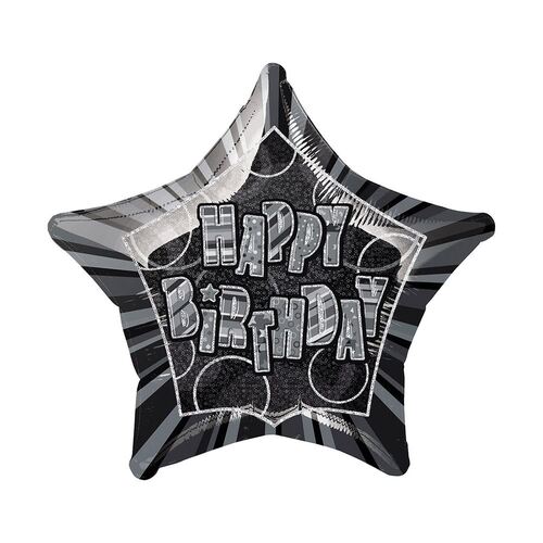50cm Glitz Black And Silver Happy Birthday Star Foil Balloon  Packaged