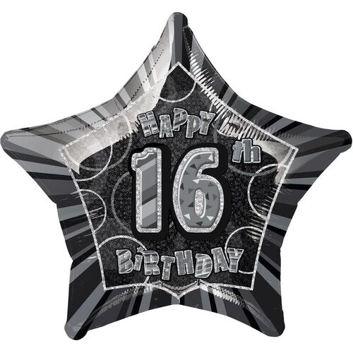 50cm Glitz Black And Silver 16th Birthday Star Foil Balloon  Packaged