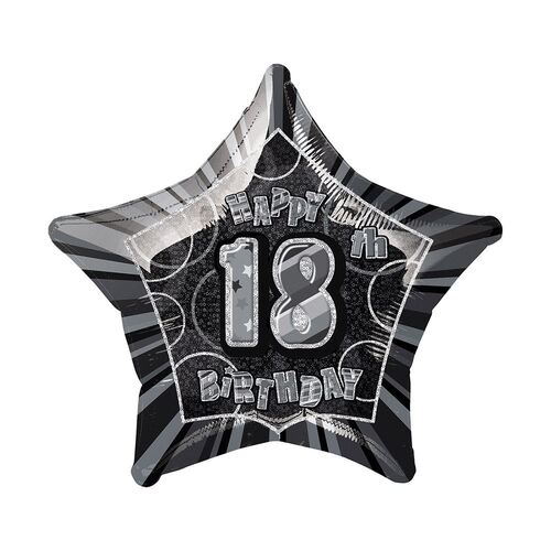 50cm Glitz Black And Silver 18th Birthday Star Foil Balloon Packaged