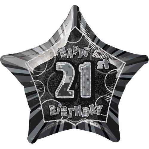 50cm Glitz Black And Silver 21st Birthday Star Foil Balloon  Packaged