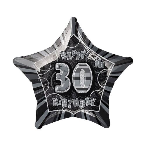 50cm Glitz Black And Silver 30th Birthday Star Foil Balloon  Packaged