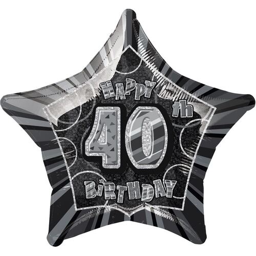 50cm Glitz Black And Silver 40th Birthday Star Foil Balloon  Packaged