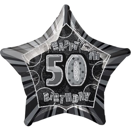 50cm Glitz Black And Silver 50th Birthday Star Foil Balloon  Packaged