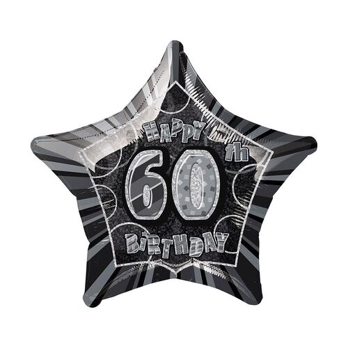 50cm Glitz Black And Silver 60th Birthday Star Foil Balloon  Packaged