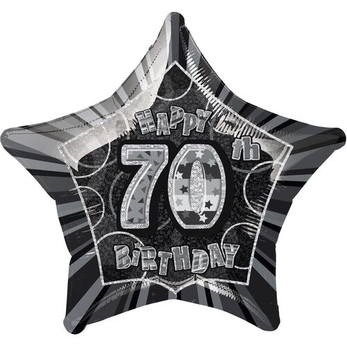 50cm Glitz Black And Silver 70th Birthday Star Foil Balloon  Packaged