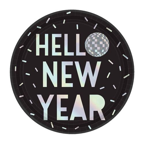 Disco Ball Drop Hello New Year Iridescent Round Dinner Plates 23cm 8 Pack