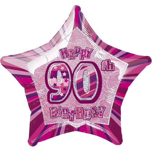 50cm Glitz Pink 90th Birithday Star Foil Balloon  Packaged