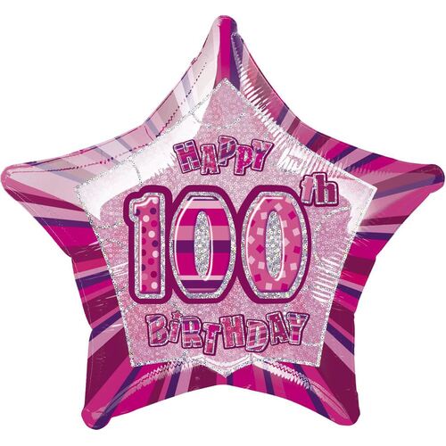 50cm Glitz Pink 100th Birithday Star Foil Balloon Packaged