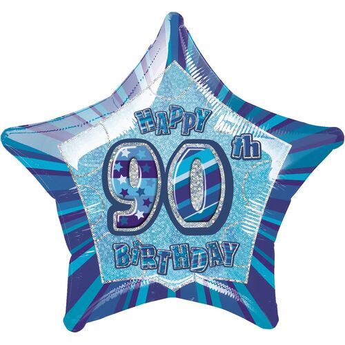 50cm Glitz Blue 90th Birithday Star Foil Balloon Packaged