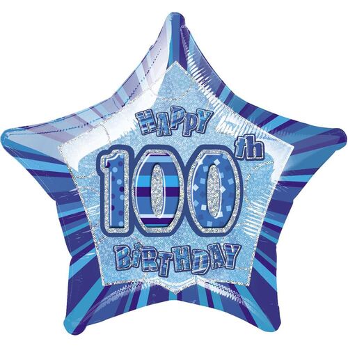 Glitz Blue 100th Birithday star 50cm Foil Balloon Packaged