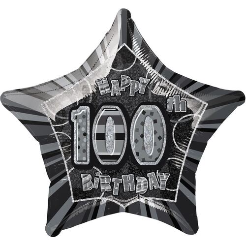 50cm  Glitz Black 100th Birithday star Foil Balloon 