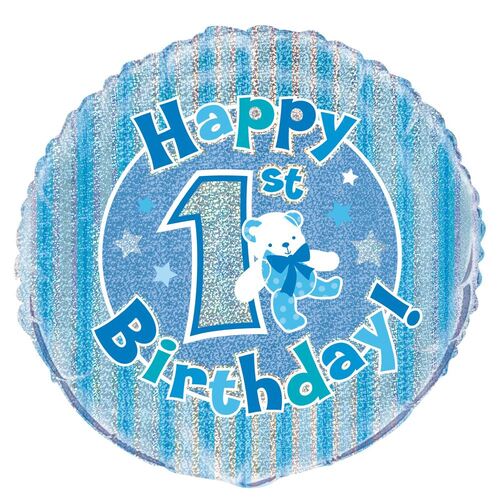 45cm 1st Birthday - Blue Foil Prismatic Balloons Packaged