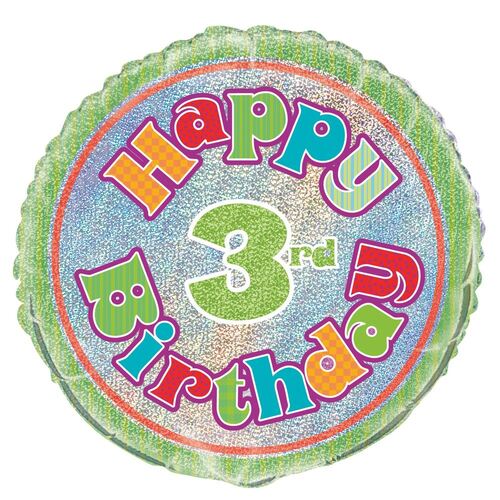 45cm 3rd Birthday Foil Prismatic Balloons Packaged