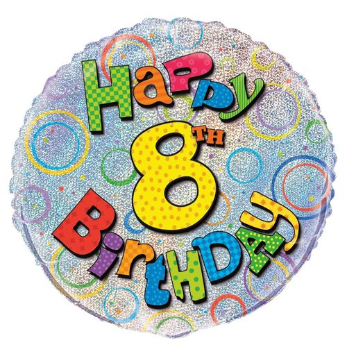 45cm 8th Birthday Foil Prismatic Balloons Packaged