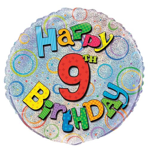45cm 9th Birthday Foil Prismatic Balloons Packaged