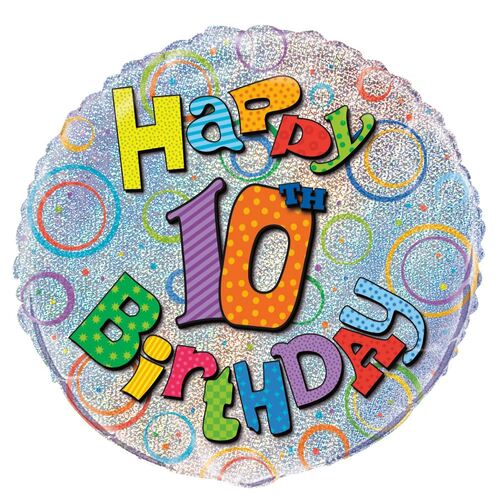 45cm 10th Birthday Foil Prismatic Balloons Packaged