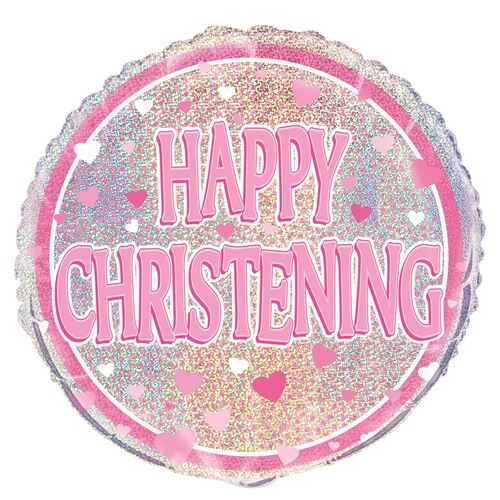 Pink Christening 45cm Foil Prismatic Balloons Packaged