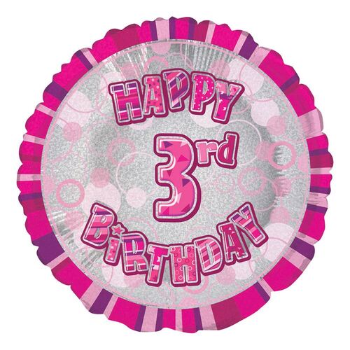 45cm Glitz Pink 3rd Birthday Round Foil Balloon Packaged