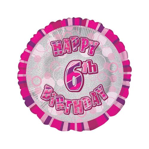 45cm Glitz Pink 6th Birthday Round Foil Balloon Packaged