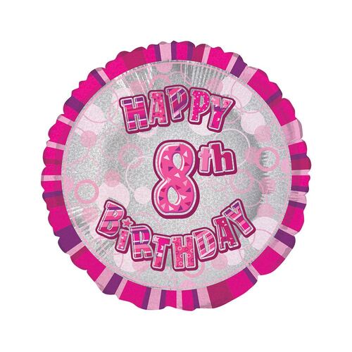 45cm Glitz Pink 8th Birthday Round Foil Balloon Packaged