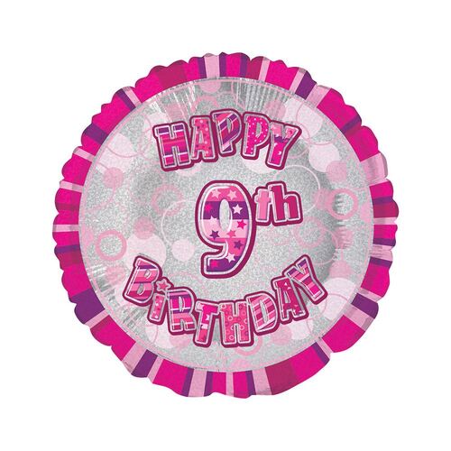 45cm Glitz Pink 9th Birthday Round Foil Balloon Packaged