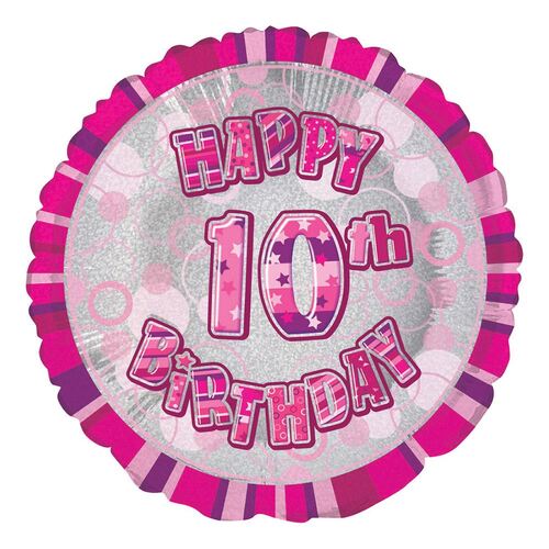 45cm Glitz Pink 10th Birthday Round Foil Balloon Packaged
