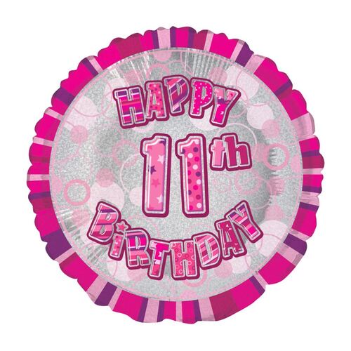 45cm Glitz Pink 11th Birthday Round Foil Balloon Packaged