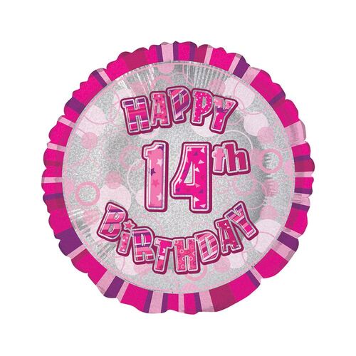 45cm Glitz Pink 14th Birthday Round Foil Balloon Packaged