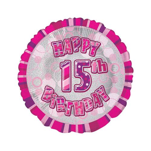 45cm Glitz Pink 15th Birthday Round Foil Balloon Packaged