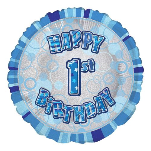 45cm Glitz Blue 1st Birthday Round Foil Balloon Packaged