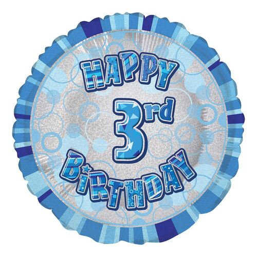 45cm Glitz Blue 3rd Birthday Round Foil Balloon Packaged