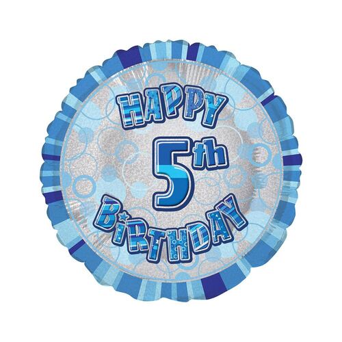 45cm Glitz Blue 5th Birthday Round Foil Balloon Packaged