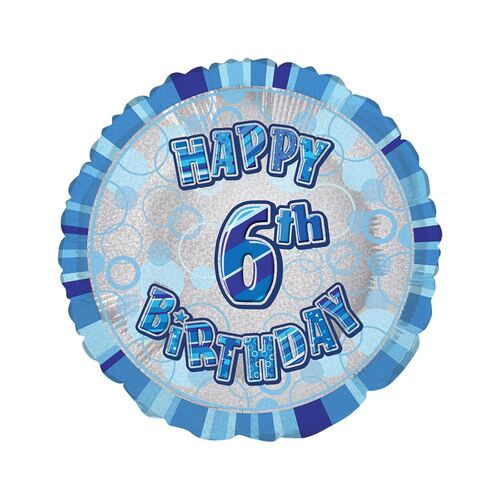 45cm Glitz Blue 6th Birthday Round Foil Balloon Packaged