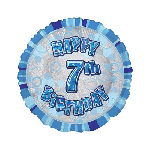 45cm Glitz Blue 7th Birthday Round Foil Balloon Packaged