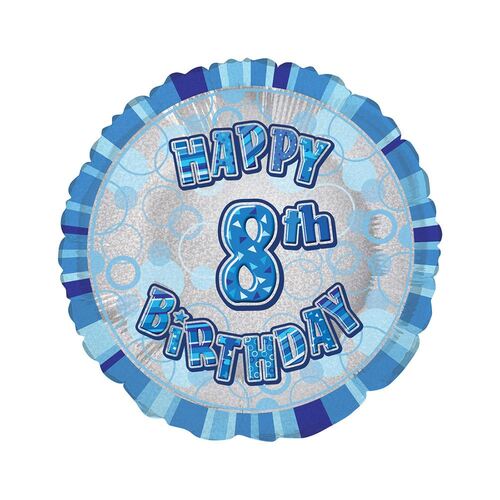 45cm Glitz Blue 8th Birthday Round Foil Balloon Packaged