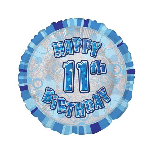 45cm Glitz Blue 11th Birthday Round Foil Balloon Packaged