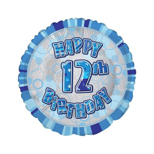45cm Glitz Blue 12th Birthday Round Foil Balloon Packaged