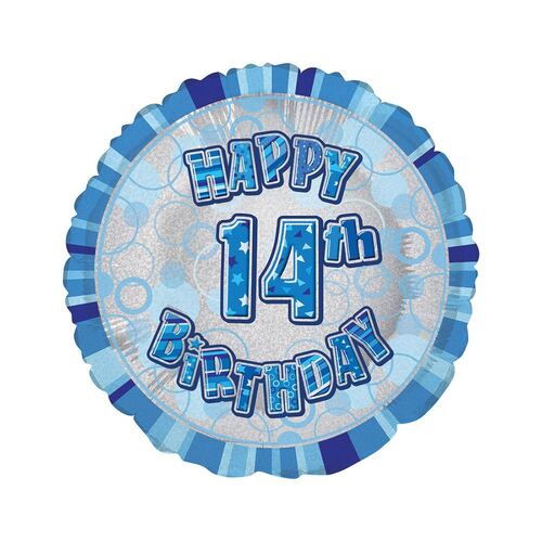 45cm Glitz Blue 14th Birthday Round Foil Balloon Packaged
