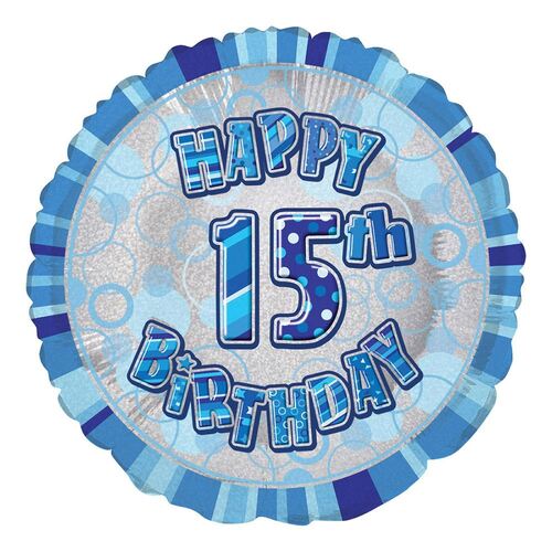 45cm Glitz Blue 15th Birthday Round Foil Balloon Packaged