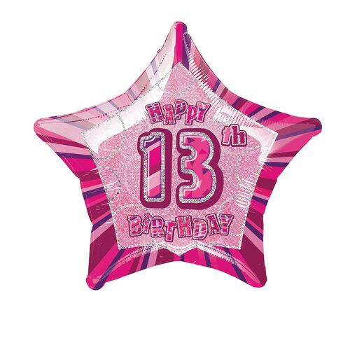 50cm Glitz Pink 13th Birithday Star Foil Balloon Packaged