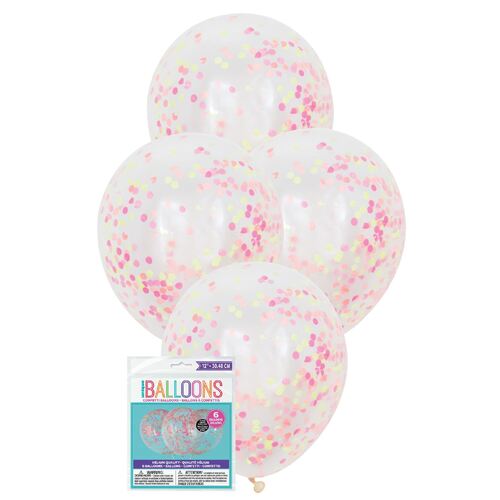 30cm Clear Balloons Prefilled With Neon Confettii 6 Pack