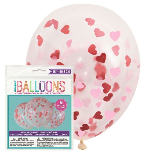 40cm Clear Balloons Prefilled With Pink And Red Heart Shaped Tissue Confetti 5 Pack