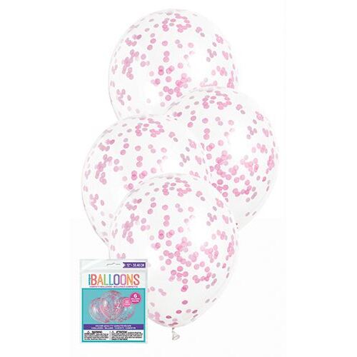30cm Clear Balloons With Hot Pink Confetti 6 Pack