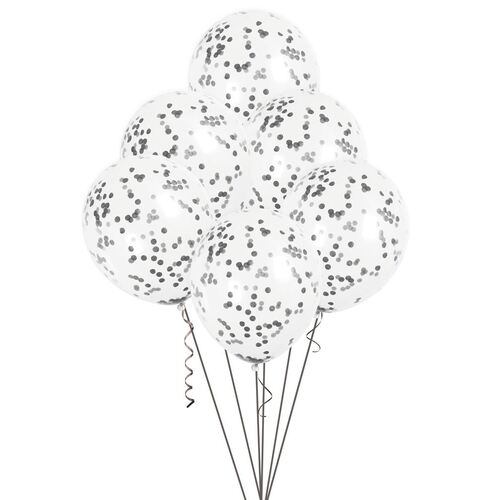 30cm Clear Balloons With Black Confetti 6 Pack
