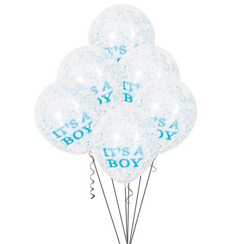 30cm It's A Boy Clear Balloons With Blue Confetti 6 Pack