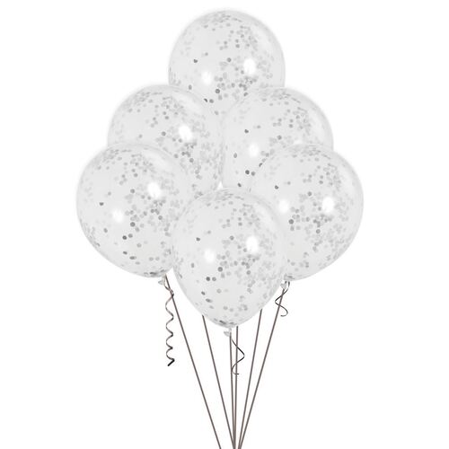 30cm Clear Balloons With Silver Confetti 6 Pack
