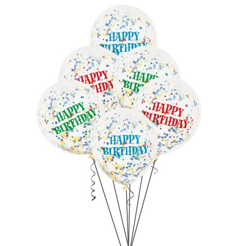 30cm Happy Birthday Clear Balloons With Bright Confetti 6 Pack