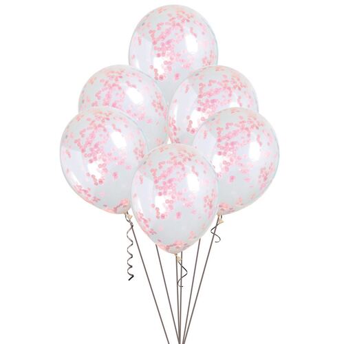 30cm Clear Balloons With Lovely Pink Confetti 6 Pack