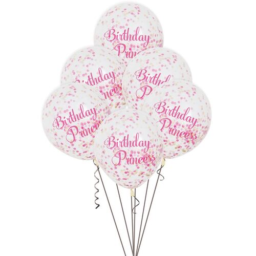 30cm Birthday Princess Clear Balloons With Dark Pink, Light Pink & Gold Confetti 6 Pack