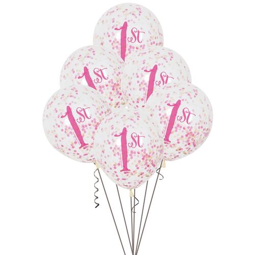 30cm Pink & Gold 1st Birthday Clear Balloons With Dark Pink, Light Pink & Gold Confetti 6 Pack